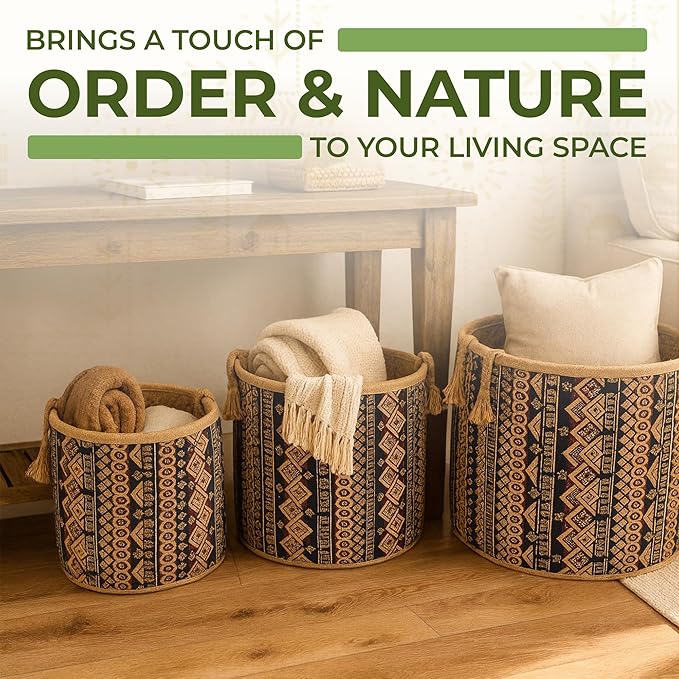 Set of 3 Handwoven Seagrass Baskets with Bohemian Brocade Cover – Decorative Wicker Storage Hampers with Handles for Laundry, Blankets & Toys – Natural Woven Baskets for Home & Bedroom Decor