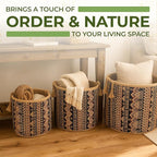 Set of 3 Handwoven Seagrass Baskets with Bohemian Brocade Cover – Decorative Wicker Storage Hampers with Handles for Laundry, Blankets & Toys – Natural Woven Baskets for Home & Bedroom Decor