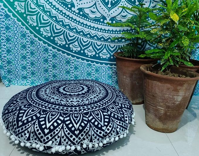 INDIAN CRAFT CASTLE 24" Blue Silver Mandala Barmeri Large Floor Pillow Cover Cushion Meditation Seating Ottoman Throw Cover Hippie Decorative Zipped Bohemian Pouf Ottoman Pom Pom Cases 24" Round