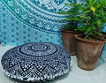 INDIAN CRAFT CASTLE 24" Blue Silver Mandala Barmeri Large Floor Pillow Cover Cushion Meditation Seating Ottoman Throw Cover Hippie Decorative Zipped Bohemian Pouf Ottoman Pom Pom Cases 24" Round