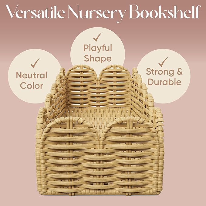 Rattan Nursery Book Shelves, Scalloped Bookshelf, Wicker Wall Decor, Baby Book Shelf, Floating Woven Bookshelves, Boho Decor for Baby and Kids Playroom, Natural Rustic Farmhouse Basket Set of 2