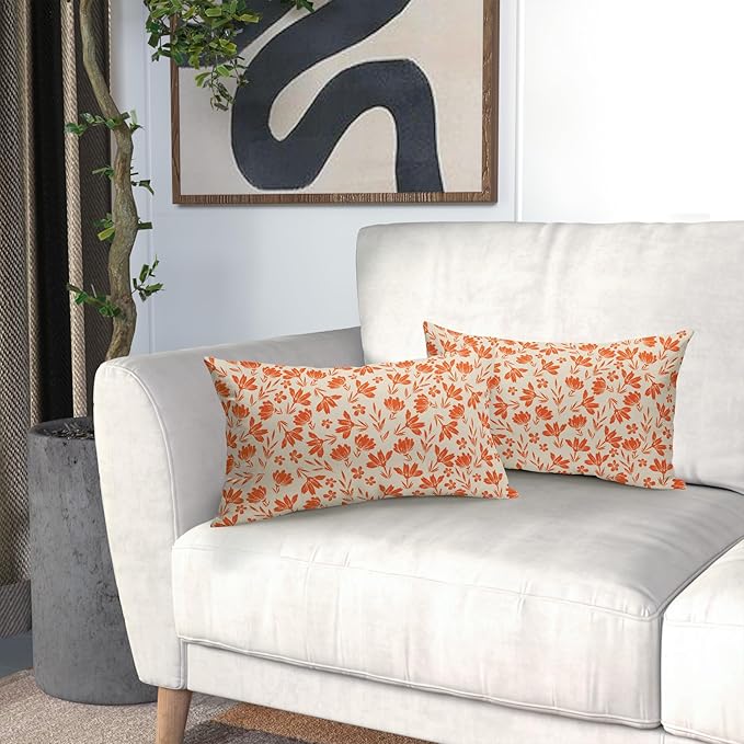 Orange Floral Pillow Covers 12x20 Set of 2 Vintage Rustic Old Style Cute Flower Cream Print Rectangle Decorative Outdoor Pillowcases Fall Farmhouse Throw Cushion Case Couch Sofa Bed Decor