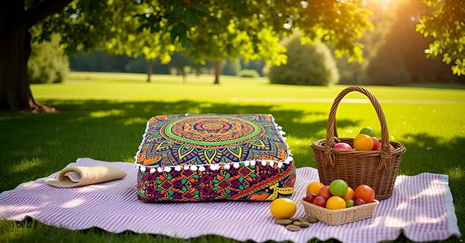 CRAFT KALA Large Hippie Mandala Meditation Floor Ottoman Pillow Cushion Pouf Cover Square Poufs Bohemian Circle Floor Cushion Case Outdoor Fireplace Yoga Living Room Decor Cover New Blue, 24" Square