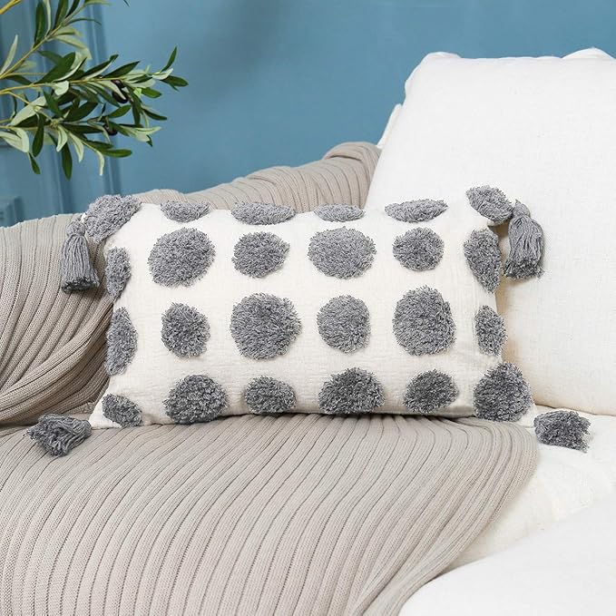 PLWORLD Boho Gray Lumbar Throw Pillow Cover 12x20 Inch with Tassels, Grey Pom Pom Tufted Cream Chenille Fabric Small Accent Textured Cushion Case for Bed Couch, 1 PC Cover Only No Insert