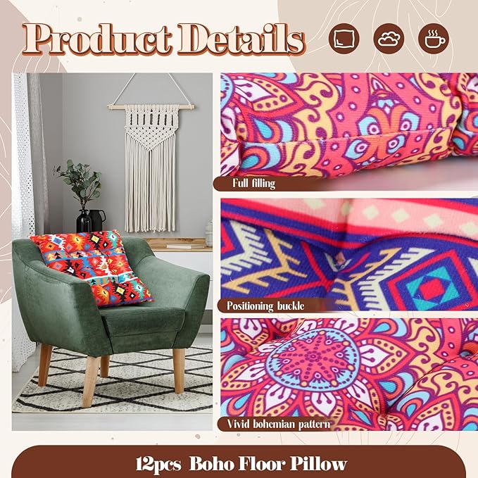 Nuogo 12 Pcs Bohemian Floor Cushions Bulk 15 Inch Boho Floor Sitting Meditation Pillows Yoga Mandala Meditation Pouf for Living Room Balcony Office Tatami(Square)