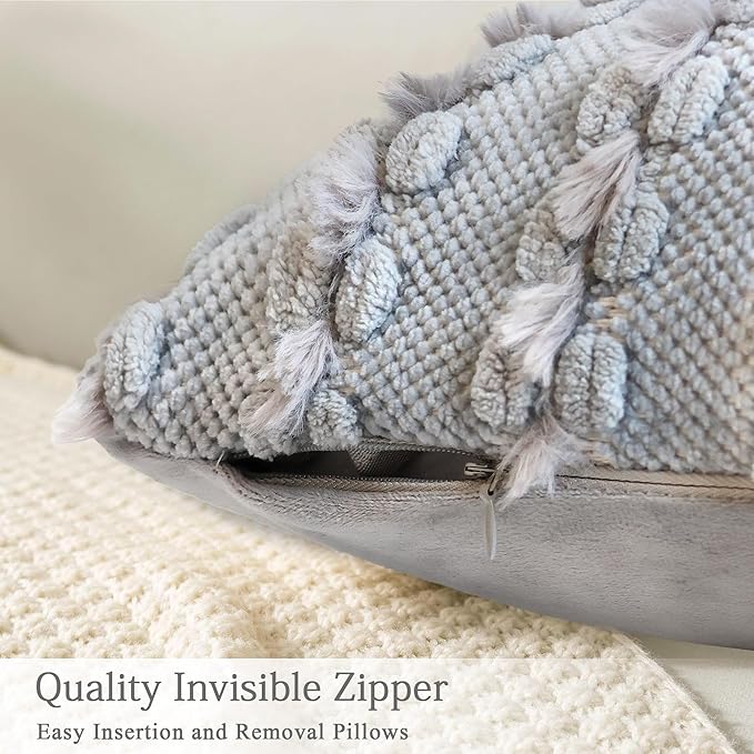 18x18 Boho Pillow Cover - Chenille Tufted Decorative Throw Pillow Cover Soft Velvet Backing, Farmhouse Striped Square Accent Pillow Case for Sofa, Couch, Bedroom, Living Room, Light Grey