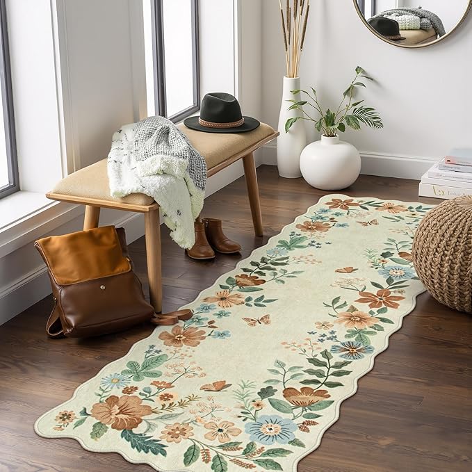 Lahome Floral Kitchen Runner Rug, 2x5 Rug Runners for Hallways Non Slip Ultra-Thin Soft Washable Carpet Runner, Non Slip Low-Pile Boho Carpet for Bathroom Bedroom Flore (2x5ft,Beige)