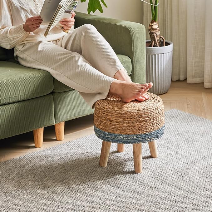 YMYNY Foot Stool Natural Seagrass Hand Weave, 12.6" Small Ottoman, Round Footrest for Living Room, Bedroom, Entryway, Change Shoes Stool, Non-Skid Wood Legs, Boho, Natural+Blue, UHBD027Q