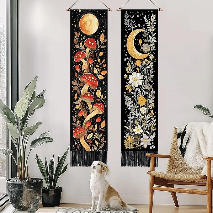 AOHMPT Pack of 2 Long Vertical Tapestry,Nature Landscape Tapestry with Serene Mountain River, Moon & Sun Motifs,Traditional Ink Painting Wall Art,Zen Aesthetic Wall Hanging for Living Room Bedroom Decor 13" W x 51" H"
