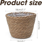 Small Basket Planter 7.1" x 5.9" Seagrass Containers, Hand Woven Wicker Cover Storage, Stylish Plastic Liners Straw Flower Jute Pots for Outdoor Indoor Use Mums Front Porch Room Decoration
