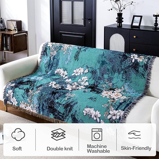 Snycler New Chinese Style Throw Blanket for Bed 50 * 60inch Woven Blanket Cotton Polyester Farmhouse Decor for Indoor Outdoor Sofa Bedroom Garden，All Season