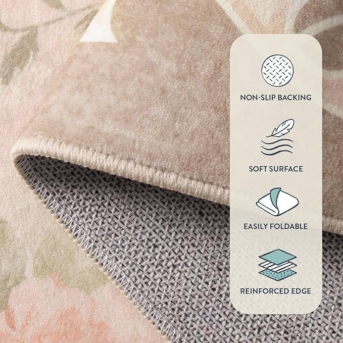 Lahome Vintage Floral 8x10 Area Rugs,Soft Living Room Rugs Boho Large Area Rug Machine Washable, Low Pile Pink Rugs for Bedroom Girls Carpet for Nursery Rug Playroom Dining Room Nina(8'X10',Beige)
