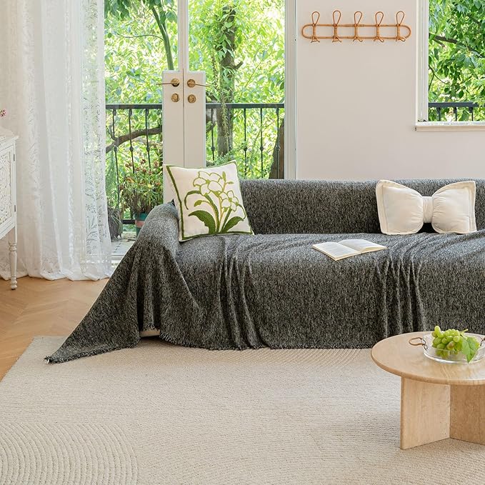 ROOMLIFE Gray Couch Cover Boho Sofa Covers for 3 Cushion Couch Washable, Furniture Protector Sofa Couch Cover for Dogs, Soft Chenille Sofa Slipcover, Couch Throw Blankets with Tassels 71 '' X 134''