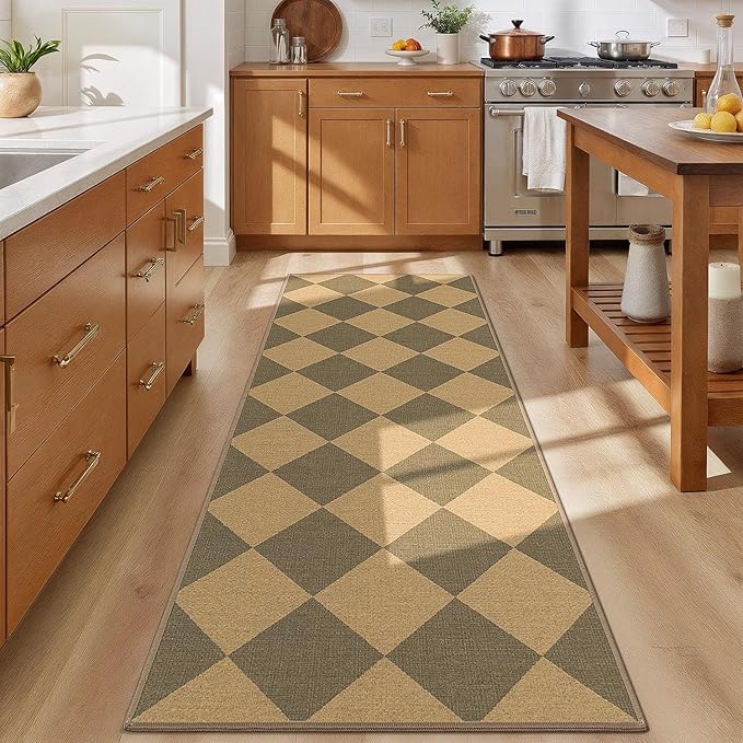 Lessymo Checkered Runner Rug 2x6 for Hallway, Washable Kitchen Runners Non Slip Easy Jute Entryway Rug, Farmhouse Geometric Indoor Carpet Outdoor Rugs for Patio Backyard Porch, Diamond Brown/Beige