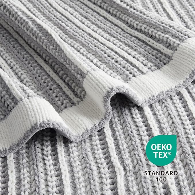 Amélie Home Striped Knit Throw Blanket for Couch, Dual-Sided Soft Chenille Decorative Blankets for Sofa & Chair, 50"x60", Gray & White