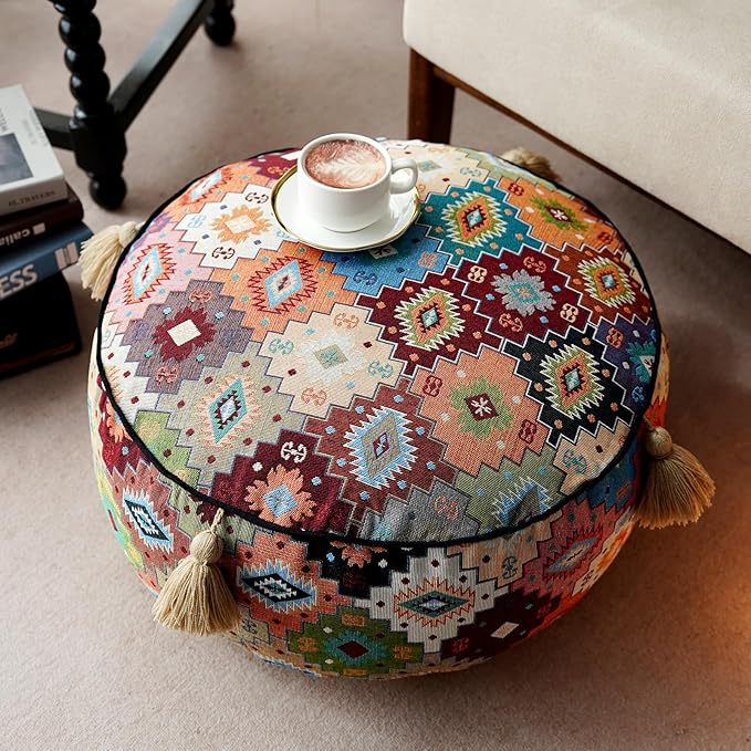 Boho Unstuffed Pouf Cover Ottoman Footrest Indian Mexcian Foot Stool Floor Bean Bag Floor Chair Storage for Living Room Bedroom Decor (Boho Plaid, Round)