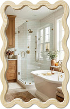24"x36" Wood Bathroom Mirror & Wavy Wall Mirror, Large Solid Wood Asymmetrical Mirror for Vanity, Natural Wooden Frame Squiggle Mirror, Japandi Boho Aesthetic Decor