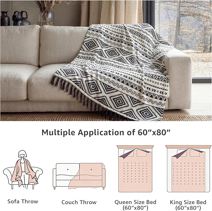 CASAAGUSTO Boho Throw Blanket - Black and White Decorative Blankets with Tassel, Printed Flannel Bohemian Blanket for Chair, Bed, Sofa, Couch(60 * 80, Black and White)
