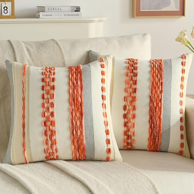 FUTEI Orange Decorative Throw Pillow Covers 20x20 Inch Set of 2, Soft Tufted Striped Textured Accent Cushion Case,Boho Pillows for Couch Decor