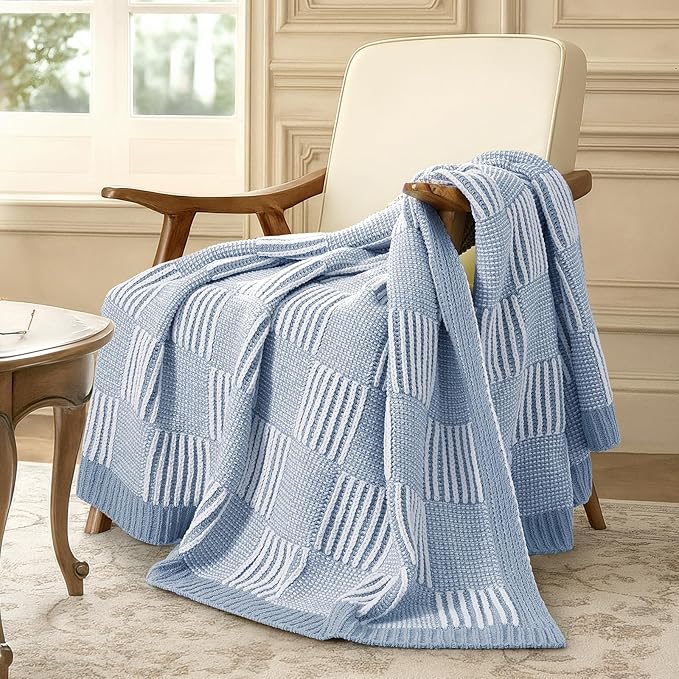 Amélie Home Checkered Knit Throw Blanket for Couch, Chenille Texture Decorative Soft Blanket for Sofa & Chair, 60"x80", Blue & Ivory