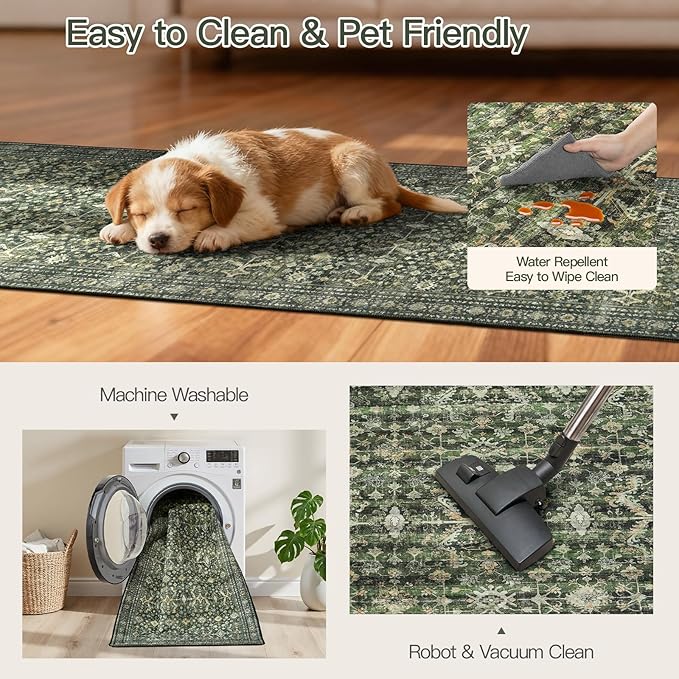 Lofus 2X 8 Area Rug for Hallways,Green Washable Runner Rugs with Non Slip Rubber Backing, Low Pile Soft Carpet Runner for Kitchen Bathroom Bedroom Laundry