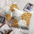 Mustard Yellow White Grey Gray Pillow Covers 18X18 Inch Set of 2, Modern Dahlia Floral Print Decorative Throw Pillow Covers Outdoor Farmhouse Cushion Case for Home Couch Sofa Bed Decoration