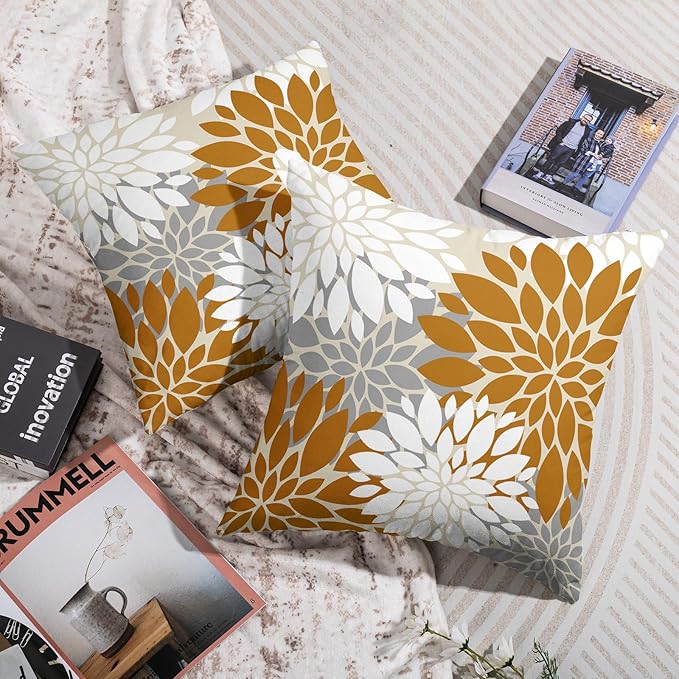 Mustard Yellow White Grey Gray Pillow Covers 24X24 Inch Set of 2, Modern Dahlia Floral Print Decorative Throw Pillow Covers Outdoor Farmhouse Cushion Case for Home Couch Sofa Bed Decoration