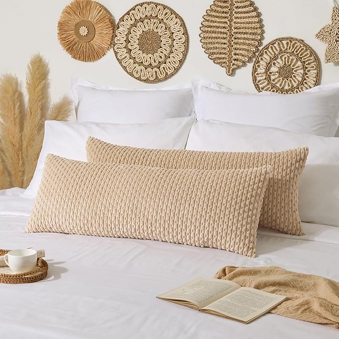 Kevin Textile 20x54 Inch Long Body Lumbar 1 Pack Boho Decorative Throw Pillow Cover Soft Striped Corduroy Rectangle Cushion Case Farmhouse Accent for Living Room Couch Sofa Bed, Light Beige