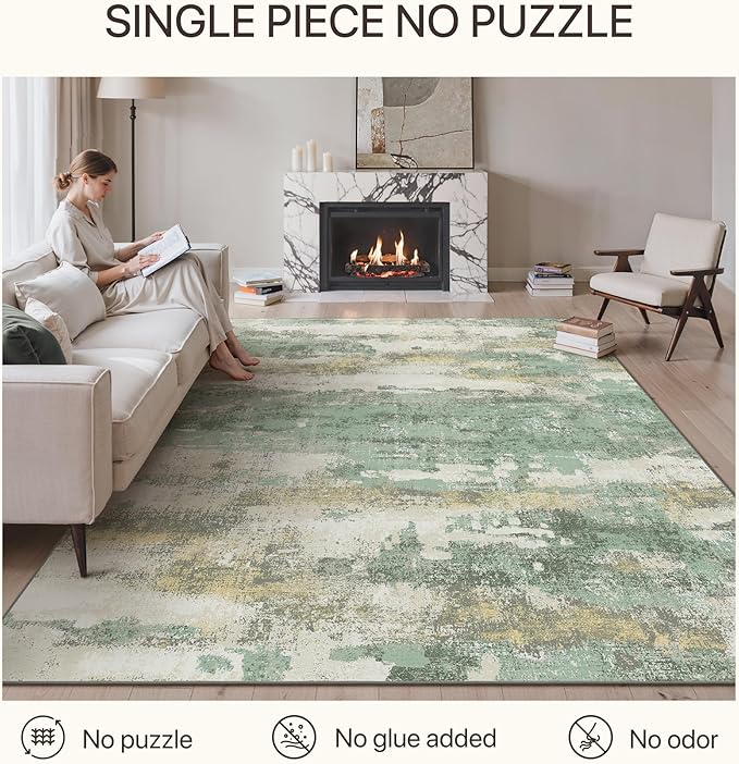 GENIMO No Crease Non Slip 8x10 Area Rugs for Living Room, Craft Woven Modern Rug, Soft Floor Carpet, Single-Piece Rugs for Bedroom, Dining Room, Office, Green Gray
