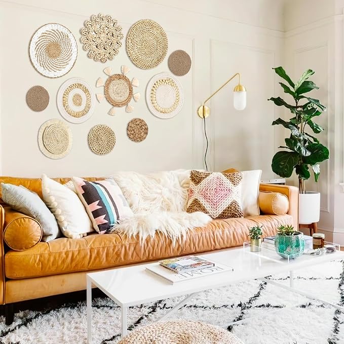LOMOHOO Set of 11 Boho Wall Basket Decor Wicker Woven Wall Basket Decorations Bohemian Handcrafted Round Basket Hanging decor Bulrush Wall Art Decors for Living Room Rustic Home