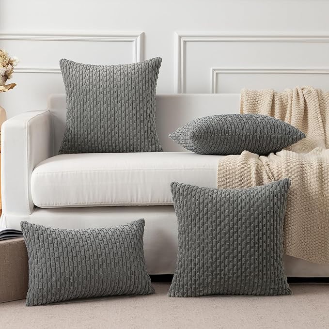 Kevin Textile 12x24 Inch Pillow Cover 1 Pack Boho Decorative Soft Striped Corduroy Lumbar Farmhouse Accent Rectangle Cushion Case for Living Room Couch Sofa Bed, Dark Grey