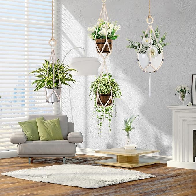 Hotfiary Plant Hanger Indoor Hanging Plant Holder Hang Planter Basket Wood Bead Decorative Flower Pot Holders Boho Farmhouse Rustic Decor Indoor Outdoor (Pot Not Included)