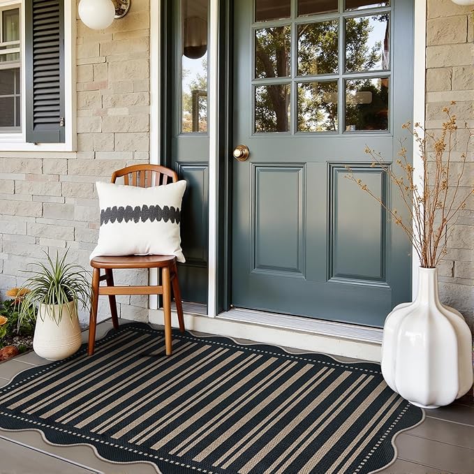 Striped Easy Jute Outdoor Patio Rug, 3x5 Washable Rugs for Entryway Indoor Outdoor Living Room Area Rug, Farmhouse Non Slip Black Carpet for Backyard Bedroom Porch