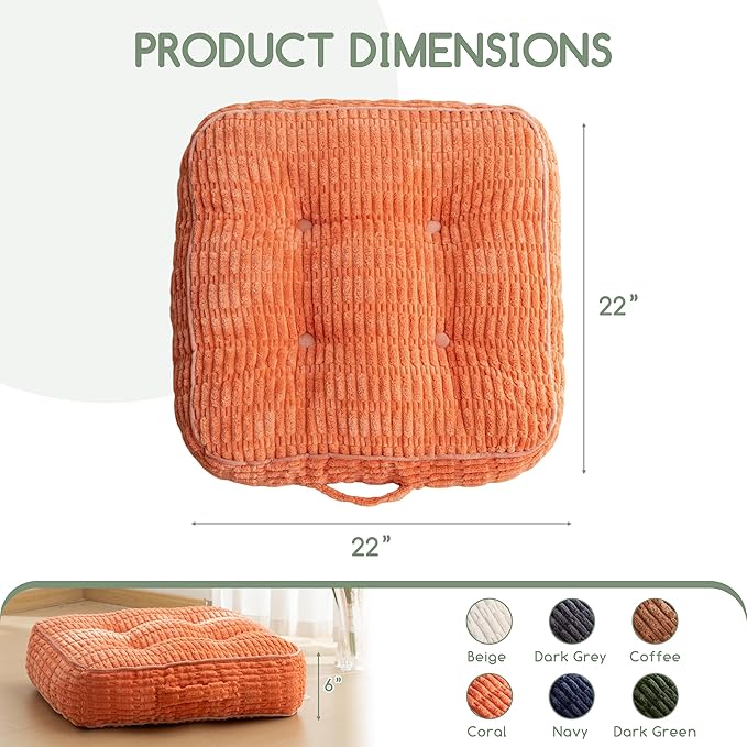 6" Washable Floor Pillow Cushion for Adults, Meditation Cushion Pillow, Removable Tufted Blended Corduroy Cover, Large Square Floor Sitting for Tatami Living Room or Yoga, 2Pack, Machine Washable