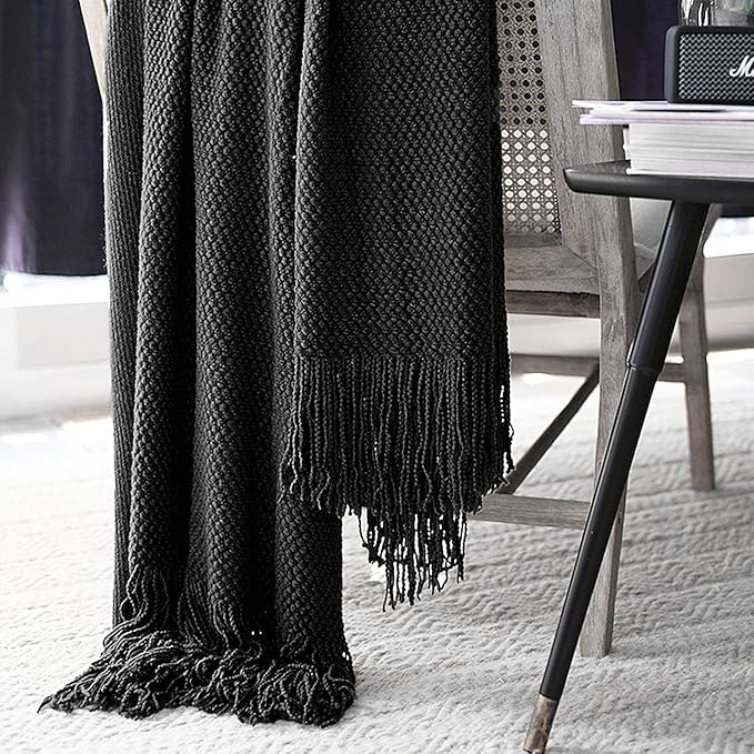 LOMAO Knitted Throw Blanket with Tassels Bubble Textured Lightweight Throws for Couch Cover Home Decor (Black, 60x90)