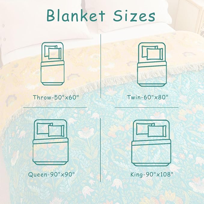 Boho Throw Blanket - 100% Cotton Soft Throw Blanket for Bed, 60"x80" Reversible Breathable Lightweight Spring Blankets, All Seasons Farmhouse Decor Floral Throw Quilt