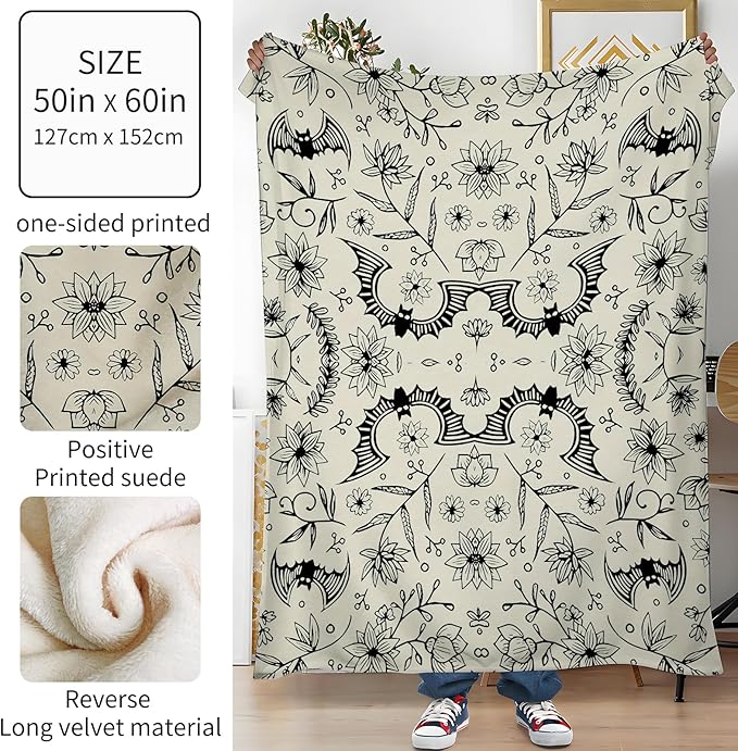 Throw Blanket for Couch, 300GSM Warm Soft Cozy Flannel Blanket, Cute Blanket for All Seasons Bedroom Home Decor Gifts, Grey Halloween Bats 50x60 Inches