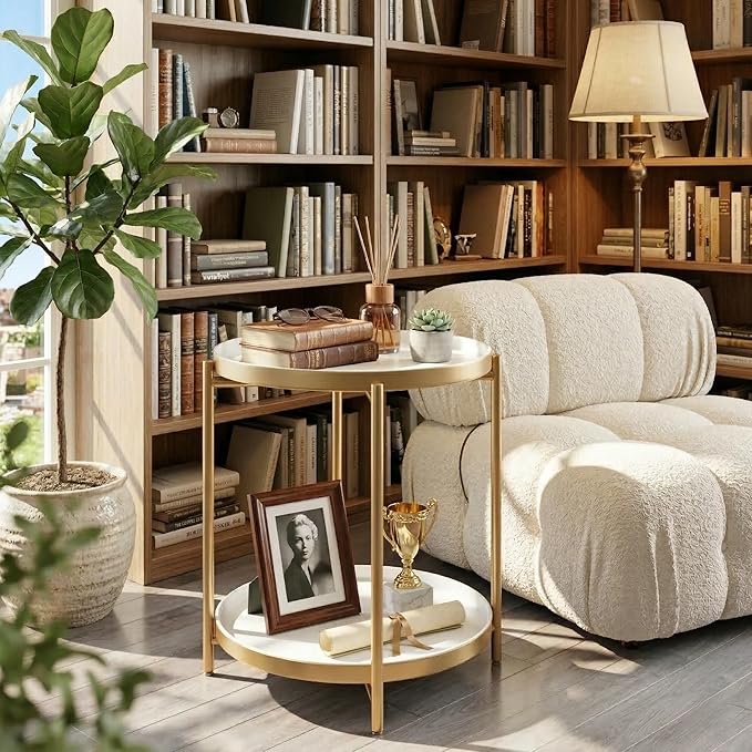 TeoKJ 2 Tier Gold Side Table, Folding Round Metal End Table Small Nightstand with Two Removable Tray for Bedroom Living Room Bedside Small Spaces Gold + White