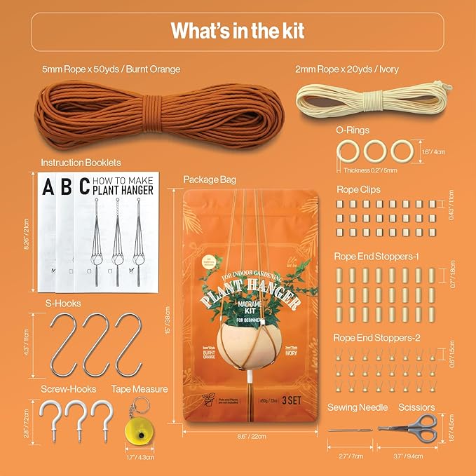 Macrame Kits for Beginners, 3 Set of Plant Hangers DIY Kit: Braided Polyester Ropes 50yds*5mm Burnt Orange, 20yds*2mm Ivory, 60+Pcs Supplies with Step-by-Step Easy Instructions (ORIV)