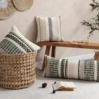 ANRODUO Pack of 2 Boho Decorative Throw Pillow Covers 18x18 Farmhouse Cushion Case Striped Chenille Pillow Cases Square Pillow Covers Accent Neutral Pillowcase for Sofa Couch Bed, Dark Green Stripe