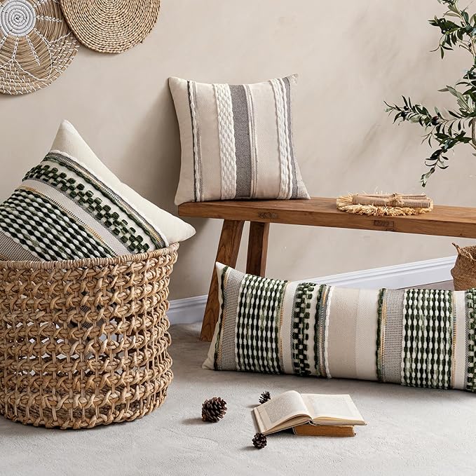 ANRODUO Pack of 2 Boho Decorative Throw Pillow Covers 20x20 Farmhouse Cushion Case Striped Chenille Pillow Cases Square Pillow Covers Accent Neutral Pillowcase for Sofa Couch Bed, Dark Green Stripe