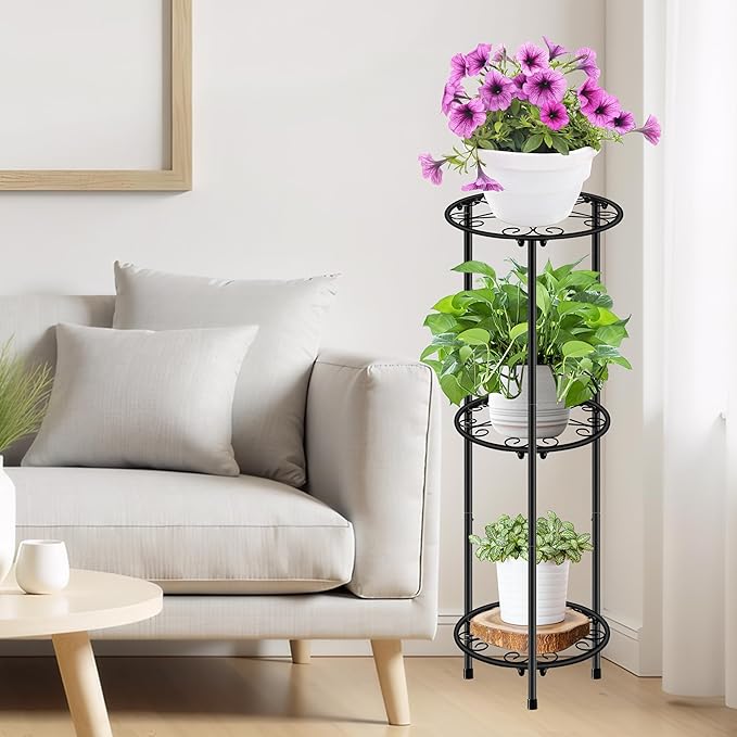 CASIMR Plant Stand Indoor Outdoor, Metal Rustproof Flower Shelf 3 Tier 32.3 inch, Tall Multiple Plant Pot Holder Rack for Garden Patio Living Room Corner Balcony, 2 Pack Black