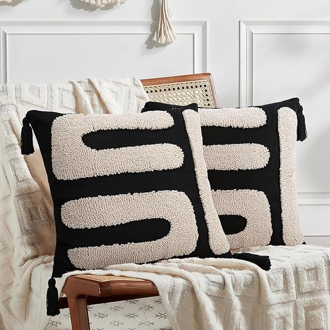 Adabana Black and Beige Pillow Covers 18x18 Decorative Tufted Abstract Throw Pillows Cover Modern Farmhouse Home Decor for Couch Living Room Safa Bed