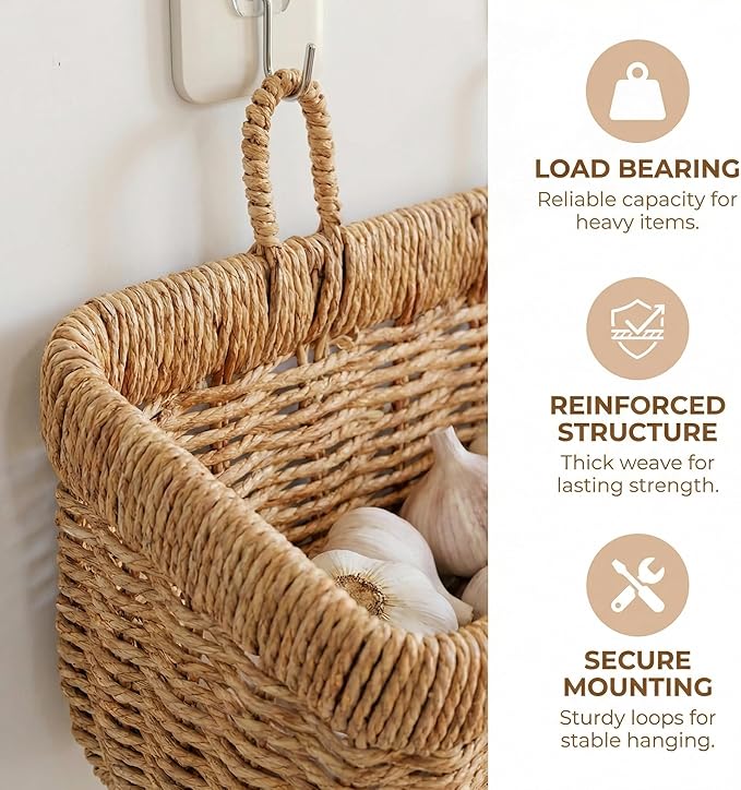 11 inches Wall Hanging Baskets Woven Basket Boho Style Fruit Basket Storage Baskets for Organizing Home Kitchen Garden Plants Hanging Decoration