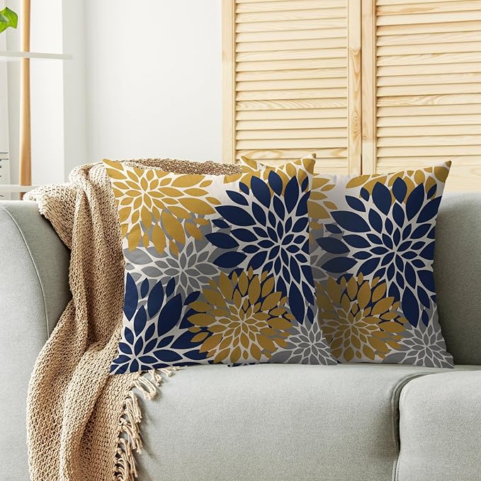 Yellow and Blue Throw Pillow Covers 18X18 Inch Set of 2, Navy Yellow Gray Grey Dahlia Floral Print Modern Decorative Pillow Covers Outdoor Farmhouse Cushion Case for Home Couch Sofa Bed Decoration