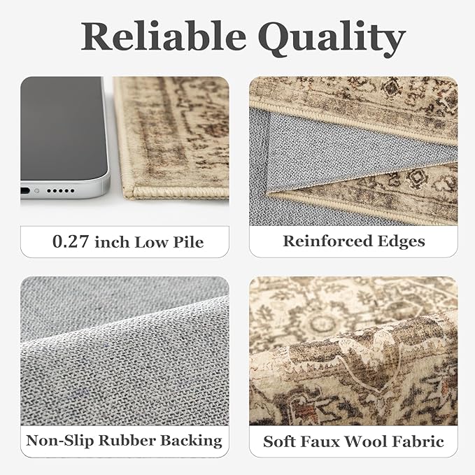Vintage Brown 5x8 Area Rugs for Living Room, Distressed Medallion Dining Room Rug Washable Non Slip, Low Pile Thin Carpet Rugs for Den/Bedroom/Foyer/Home Office, Earthy Brown Taupe Black