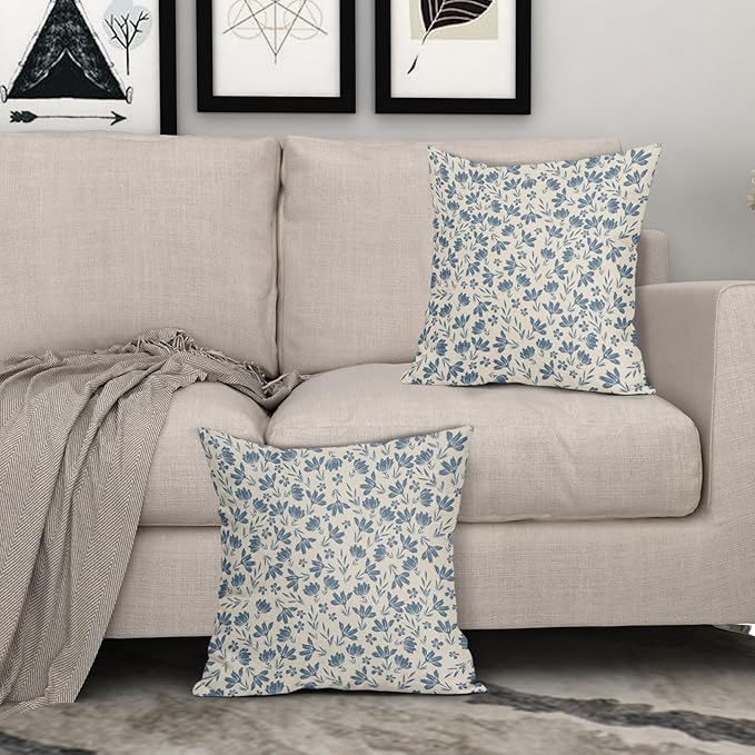 Light Blue Floral Pillow Covers 24x24 Set of 2 Vintage Rustic Old Style Cute Small Flower Cream Print Decorative Outdoor Pillowcases Farmhouse Throw Cushion Case Decor for Couch Sofa Bed