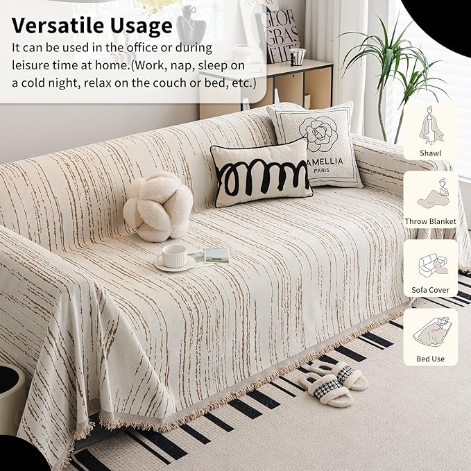Chenille Couch Cover Pet Friendly, Sofa Cover Washable, Reversible Sofa Slipcover for Sectional Sofa, Loveseat, 2 or 3 Cushion Couch, Corner Sofa, Futon Cover (71" X 134", Khaki)