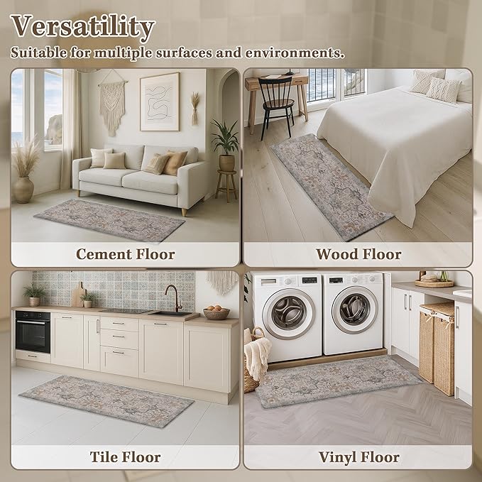 Arttown Kitchen Mats for Floor 2Pcs-Anti Fatigue Non Slip Mats for Kitchen Floor, Cushioned Waterproof & Stain-Resistant Boho Stripe Mat Set, Laundry Room, Office, Sink, Desk (Taupe)