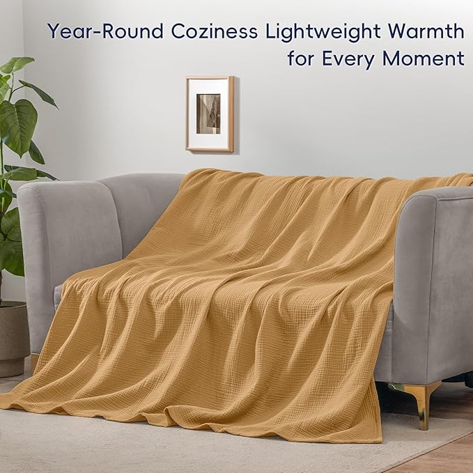 PHF 100% Cotton Muslin Blanket Twin XL Size 66"x90", 4-Layer Lightweight Gauze Throw, Breathable Cloud-Soft Minimalist Blanket for Bed, Couch, Camping & Baby, Amber, Ideal Gift